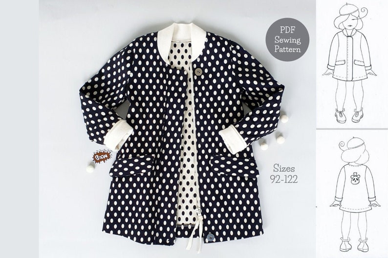 May include: A black and white polka dot jacket with a white collar and white cuffs. The jacket has a zipper closure and two pockets. The image also includes a PDF sewing pattern for sizes 92-122.