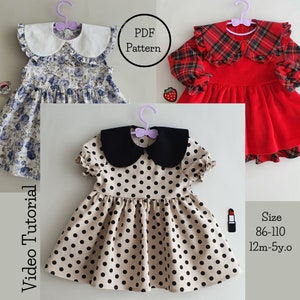 May include: Three different styles of girls' dresses with Peter Pan collars. The dresses are in floral, red plaid, and polka dot patterns. The dresses are available in sizes 86-110 (12 months to 5 years old). PDF pattern and video tutorial included.