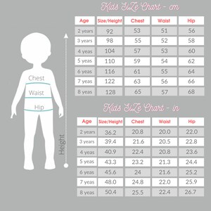 May include: A size chart for kids clothing in both centimeters and inches. The chart shows the age, size, height, chest, waist, and hip measurements for children ages 2 to 8 years old.