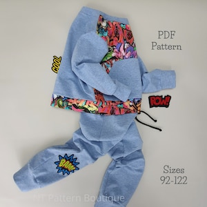 Modello pdf di felpa e pantaloni per bambini, abbigliamento unisex per bambini, joggers, cartamodelli bambino, taglie 92-122, video tutorial