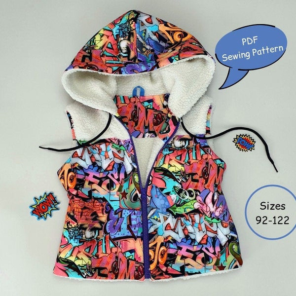 Hooded vest pdf sewing pattern, sleeveless vest, teddy jacket,  kids vest, fur vest, video tutorial, children patterns, sizes 92-122
