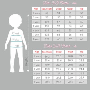 May include: A size chart for kids clothing in both centimeters and inches. The chart shows the age, size, height, chest, waist, and hip measurements for children ages 2 to 8 years old.