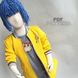 May include: A yellow bomber jacket with a gray t-shirt underneath. The jacket has a white trim around the collar and cuffs. The t-shirt has a cute owl graphic and a musical note on the jacket. The text "PDF PATTERN" is in the upper right corner of the image.