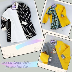 May include: Three different outfits for children, each with a yellow jacket and a different top. The first outfit has a white t-shirt with black and white polka dot sleeves. The second outfit has a blue and black leopard print top. The third outfit has a gray t-shirt with a cartoon owl graphic and the text "Listen More".