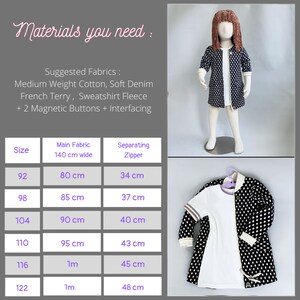 May include: A chart showing the measurements for a jacket in different sizes. The chart lists the size, the main fabric width, and the separating zipper length. The measurements are in centimeters. The chart is on a gray background with a white border.