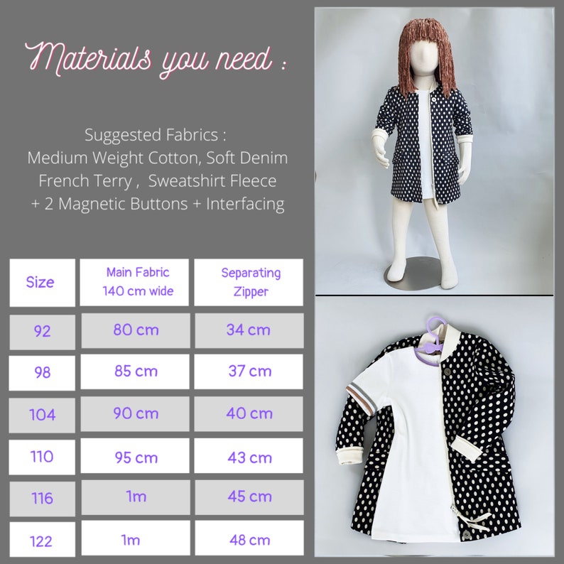 May include: A chart showing the measurements for a jacket in different sizes. The chart lists the size, the main fabric width, and the separating zipper length. The measurements are in centimeters. The chart is on a gray background with a white border.