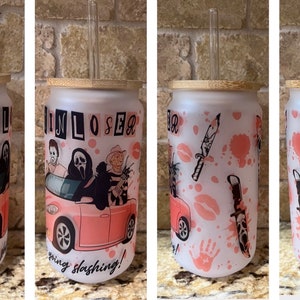 Get in loser we’re going slashing beer can glass with bamboo lid / straw | Halloween Can Glass | Custom orders | scary cups