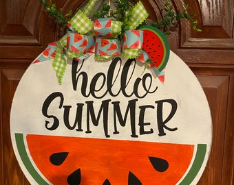 Hello Summer Door Hanger | Large Round Watermelon Door Hanger Sign | Watermelon Lover Decorations | Summer Porch Decor