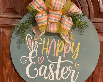 Happy Easter Door Hanger | Easter Wreath | Large Round Door Sign | Home Decor | Spring Porch Decorations  | Easter Bunny