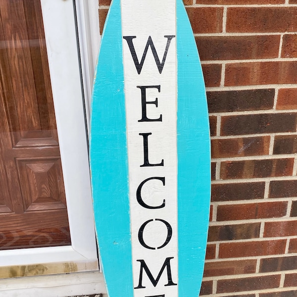 Wooden Surfboard Welcome Sign | Front Porch Welcome Signs | Beach Lake House Porch Decor | Housewarming Gift | Beach House Decor