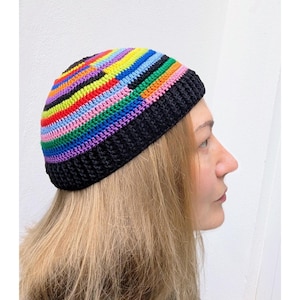 Crochet Summer Hat, Multi Color Black Skull Hat, Cotton Panama Hat