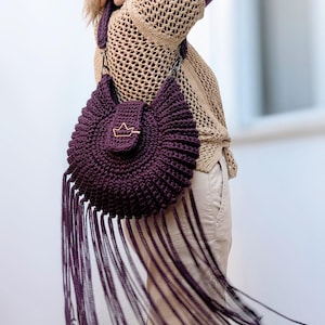 Purple Crochet Bag with Fringe: Hobo Bag
