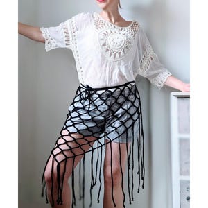 Black Beach Cover-up, Mesh Wrap Up Skirt, Net Wrap Cape with Fringe, Sheer Mesh Top Cover