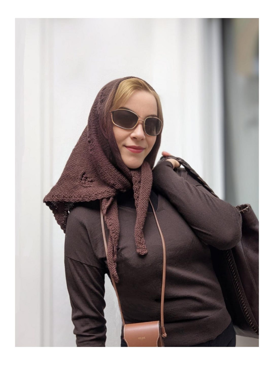 Triangle Head Scarf in Brown Wool, Hand Knitted Bandana, Boho Style — free download