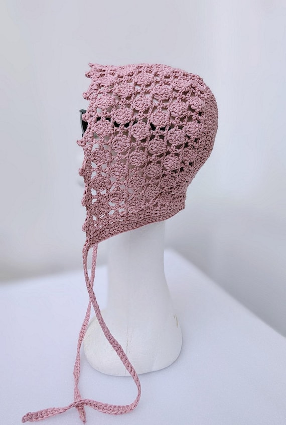 Crochet Lace Bonnet Hat; Antique Pink Knitted Hat, Hood With Ties