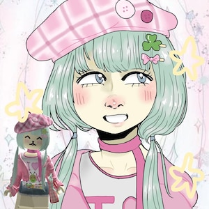 Può includere: Un'illustrazione digitale di un personaggio con capelli verde menta che indossa un basco a quadri rosa con due bottoni, una sciarpa rosa e una maglietta bianca con un insetto verde. Un avatar a blocchi più piccolo è visibile nell'angolo.