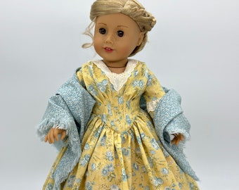 1840s "Jane Eyre" fan front gown and shawl in soft yellow and blue florals for eighteen inch dolls like American Girl