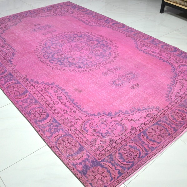 Alfombra rosa vintage, alfombra de color rosa de gran tamaño, alfombra turca hecha a mano, alfombra rosa sobreesteñida, alfombra rosa angustiada, 10.7 x 6.9 pies
