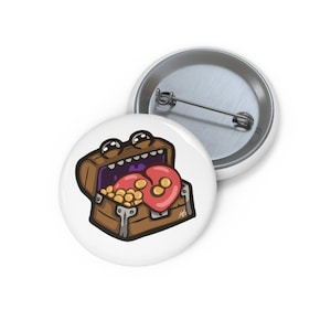 May include: A cartoon wooden treasure chest with a wide open mouth, revealing a pile of gold coins and a red heart. The chest has a surprised expression with big eyes and a wide smile.