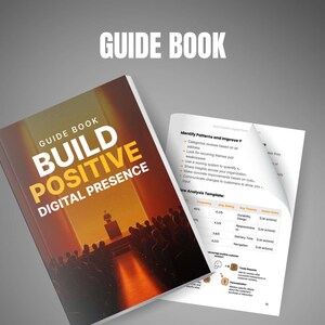 May include: A guide book titled "Build Positive Digital Presence" with a warm, orange and brown cover. The book is open to reveal pages with text and charts. The words "Guide Book" are at the top.
