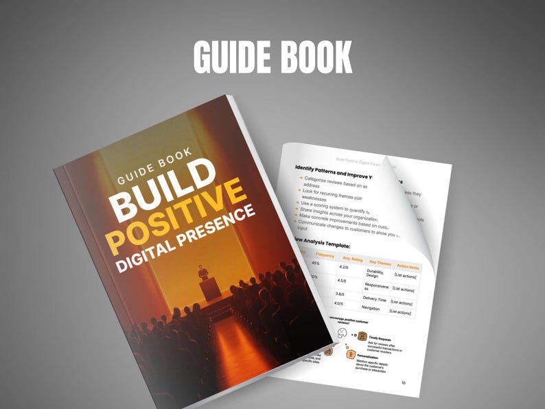 May include: A guide book titled "Build Positive Digital Presence" with a warm, orange and brown cover. The book is open to reveal pages with text and charts. The words "Guide Book" are at the top.