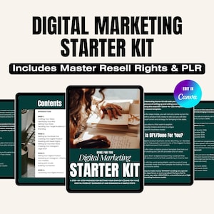 May include: A digital marketing starter kit with a green and white cover. The cover features the text "Digital Marketing Starter Kit" and "Done For You". The kit includes master resell rights and PLR.