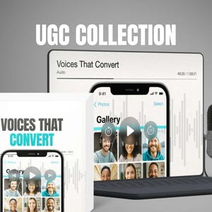 Könnte beinhalten: Ein digitales Marketing-Konzeptbild mit Smartphone, Tablet und Mikrofon. Das Smartphone und Tablet zeigen den Text "Voices That Convert" und eine Galerie lächelnder Gesichter. Das Bild ist mit "UGC COLLECTION" beschriftet.
