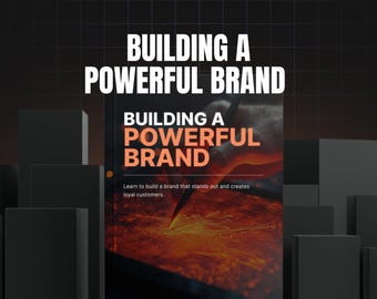 May include: Image of a book cover with the title "BUILDING A POWERFUL BRAND" in white and orange text. The cover features a close-up of a hand using a tool on a fiery surface. The background is dark with black rectangular shapes.