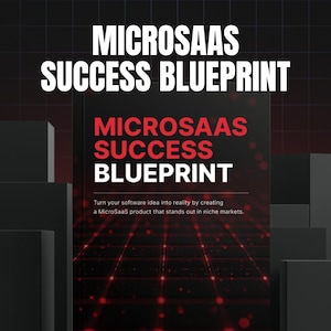 May include: Image of a book cover titled "MICROSAAS SUCCESS BLUEPRINT" in white and red text. The cover is set against a dark background with geometric shapes and a grid pattern. The text below says "Turn your software idea into reality by creating a MicroSaaS product that stands out in niche markets."
