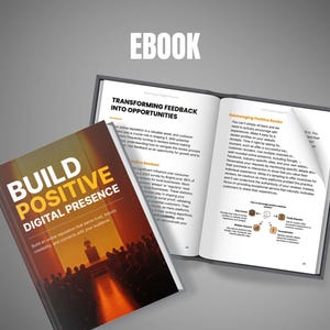 May include: An open book with the title "Transforming Feedback into Opportunities" and a closed book titled "Build Positive Digital Presence". The cover of the closed book has a silhouette of a speaker and audience.