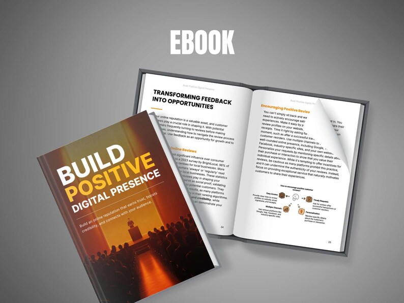 May include: An open book with the title "Transforming Feedback into Opportunities" and a closed book titled "Build Positive Digital Presence". The cover of the closed book has a silhouette of a speaker and audience.