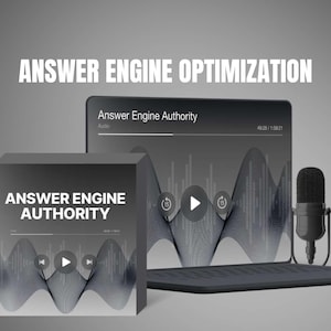 May include: Image featuring the text "ANSWER ENGINE OPTIMIZATION." A box and a tablet display the text "ANSWER ENGINE AUTHORITY" with a waveform graphic. A microphone is positioned to the right of the tablet. The overall color scheme is grayscale.