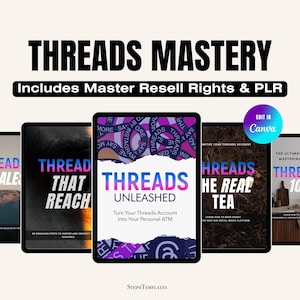 Op de afbeelding: Een set van vijf digitale productcovers voor een e-book over Threads, een nieuw social media platform. De covers tonen verschillende kleuren en ontwerpen, waaronder een zonsondergang, een close-up van een oog, een gescheurd stuk papier met het woord "Threads" erop, een donkere achtergrond met de woorden "Threads: The Real Tea", en een houten tafel met een pot en een snijplank. De tekst op de covers omvat "Threads to Sales", "Threads That Reach", "Threads Unleashed", "Threads: The Real Tea", en "Threads 101".