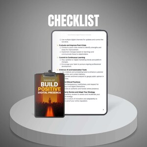 May include: A digital checklist on a tablet and a clipboard. The clipboard reads "Checklist Build Positive Digital Presence" with a silhouette of a crowd. The tablet displays a list of digital marketing strategies.