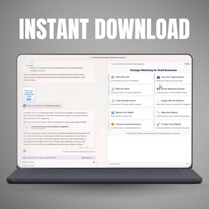 May include: A laptop displaying a webpage titled "Strategic Marketing for Small Businesses." The screen shows a list of marketing steps, including defining a USP, building a brand, and measuring results. The words "Instant Download" are at the top.