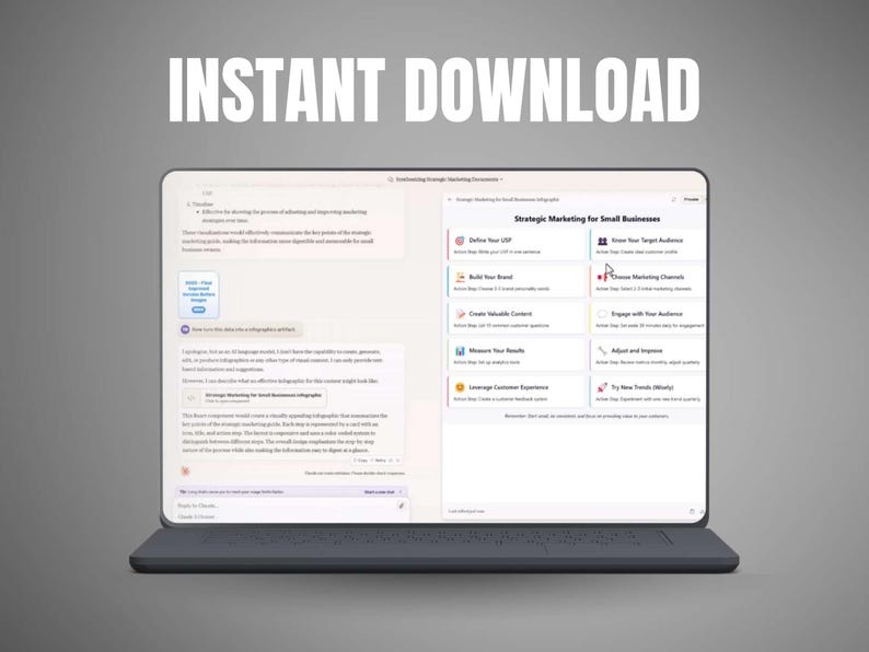 May include: A laptop displaying a webpage titled "Strategic Marketing for Small Businesses." The screen shows a list of marketing steps, including defining a USP, building a brand, and measuring results. The words "Instant Download" are at the top.