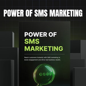 Könnte beinhalten: Buchcover mit dem Titel "POWER OF SMS MARKETING" in weißem und grünem Text. Das Cover zeigt ein grünes Sprechblasen-Symbol und den Slogan "Erreichen Sie Kunden sofort mit SMS-Marketing, um das Engagement zu steigern und echte Geschäftsergebnisse zu erzielen."