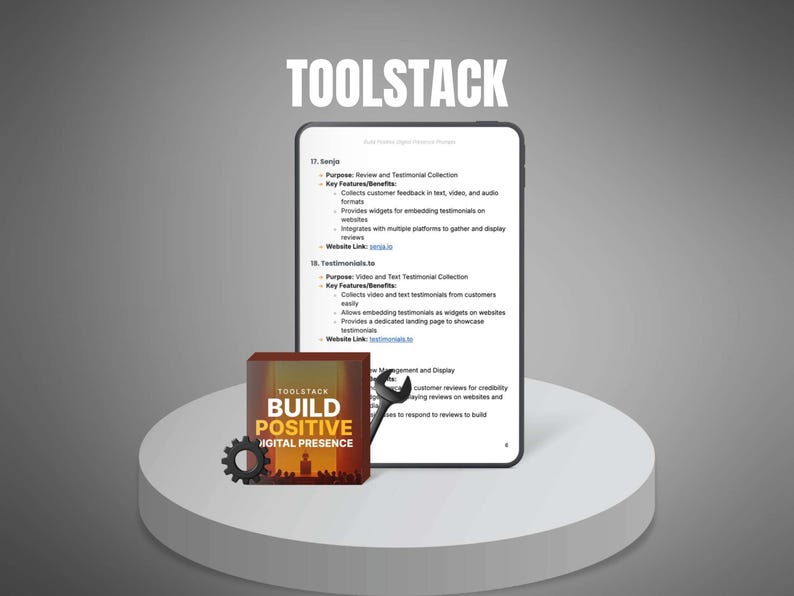 May include: A digital marketing concept featuring a tablet displaying text, a product box with the words "Build Positive Digital Presence", and a wrench. The word "TOOLSTACK" is at the top.
