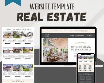 May include: A website template for real estate agents. The template features a modern design with a focus on showcasing properties. The website includes sections for current properties for sale, open homes, frequently asked questions, and an about us section. The website also includes a call to action to contact the agent.