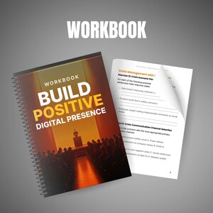 May include: A spiral-bound workbook titled "Build Positive Digital Presence" with a cover featuring a stage scene in orange and yellow. The open workbook displays text about crisis management.