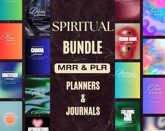May include: A collage of colorful digital planner and journal covers with titles like "Moon Journal", "Dream Journal", "Chakra Journal", "Gratitude Journal", "Witch Planner", "Vision Book Journal", "Law of Attraction", "Crystal Planner", "Spiritual Awakening", "Tarot Journal", "Calming Your Mind Journal", and "Abundance Mindset". The text "SPIRITUAL BUNDLE MRR & PLR PLANNERS & JOURNALS" is in large, bold letters at the center of the image.