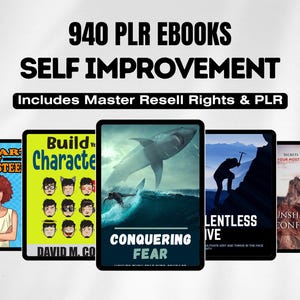 以下が含まれることがあります： 自己啓発をテーマにした電子書籍の表紙が5つ並んでいます。表紙には、女性、サメ、山、山を登る人、そして漫画の顔のグループが描かれています。表紙のテキストには、「The Art of Self-Esteem」、「Build Your Character」、「Conquering Fear」、「Relentless Drive」、「Unshakeable Confidence」とあります。