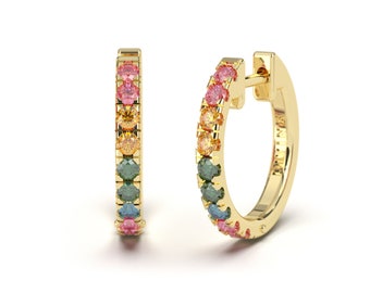 14K Gold Huggie Earrings with Multi-Colored Round Sapphires | Kaleidoscope Collection