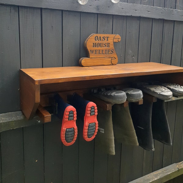 Wall mounted covered solid wood wellies rack, good house gift, couple gift