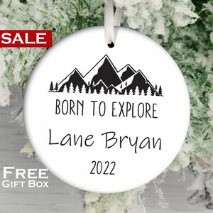 Born to Explore Custom Name Ornament - Explorer Theme Baby Ornament - Personalized Ornament - Personalized Name Ornament - Outdoor Mountains