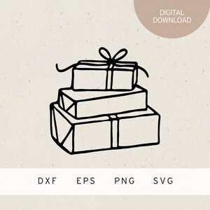 May include: A black and white line drawing of a stack of three wrapped gifts. The top gift has a bow on it.