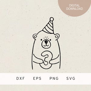 Plotterbestand | 3 jaar | Beer met feesthoed | SVG | DXF | PNG | Eps | derde verjaardagsfeestje | 3e kinderverjaardag | Verjaardagsbaby beer