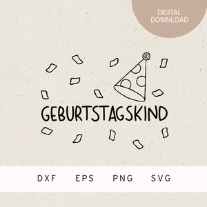 May include: Black and white line art illustration of a birthday hat with confetti. The text "GEBURTSTAGSKIND" is below the hat.