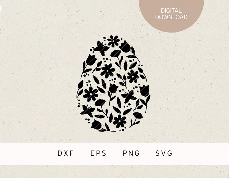 Puede incluir: Silueta en blanco y negro de un huevo de Pascua con un dise&ntilde;o floral. El huevo est&aacute; lleno de flores, hojas y mariposas.