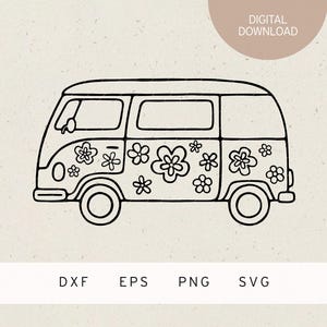 File del plotter | Furgone hippie retrò | SVG | File PDF | PNG | EPS | Fiori | Voglia di viaggiare | Potere dei fiori | Viaggio su strada in camper | Pace e Amore | anni '60